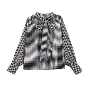 Herringbone Lantern Sleeve Blouse with Bow Neck
